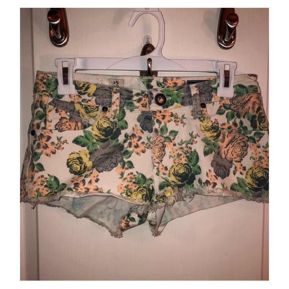 Pink & Green Flower Printed White Jean Shorts.